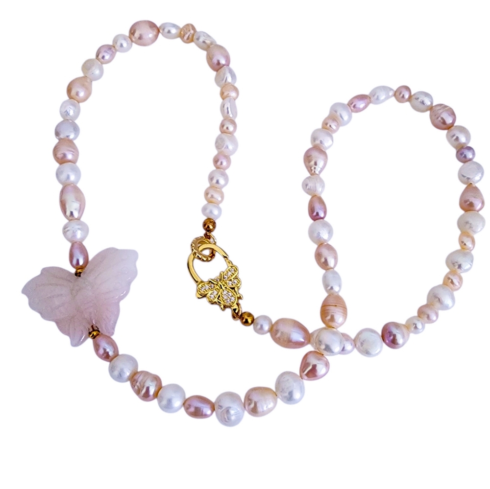 Pink quartz butterfly necklace white pink pearls pave butterfly clasp A0372 Q7